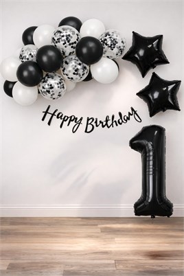 Siyah Konsept 1 Yaş Doğum Günü Kutlama Seti; Beyaz Siyah Konfetili Balon, Rakam Yıldız Folyo ve Banner