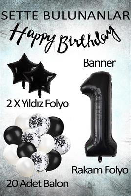 Siyah Konsept 1 Yaş Doğum Günü Kutlama Seti; Beyaz Siyah Konfetili Balon, Rakam Yıldız Folyo ve Banner