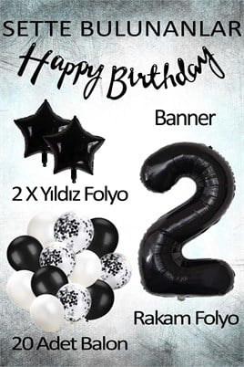 Siyah Konsept 2 Yaş Doğum Günü Kutlama Seti; Beyaz Siyah Konfetili Balon, Rakam Yıldız Folyo ve Banner