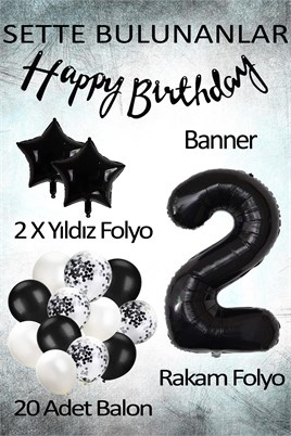 Siyah Konsept 2 Yaş Doğum Günü Kutlama Seti; Beyaz Siyah Konfetili Balon, Rakam Yıldız Folyo ve Banner