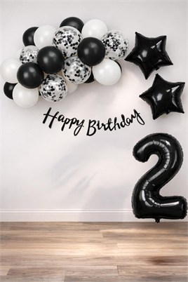 Siyah Konsept 2 Yaş Doğum Günü Kutlama Seti; Beyaz Siyah Konfetili Balon, Rakam Yıldız Folyo ve Banner