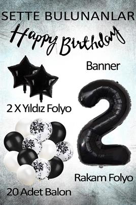 Siyah Konsept 2 Yaş Doğum Günü Kutlama Seti; Beyaz Siyah Konfetili Balon, Rakam Yıldız Folyo ve Banner