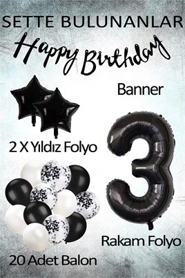 Siyah Konsept 3 Yaş Doğum Günü Kutlama Seti; Beyaz Siyah Konfetili Balon, Rakam Yıldız Folyo ve Banner