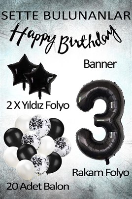 Siyah Konsept 3 Yaş Doğum Günü Kutlama Seti; Beyaz Siyah Konfetili Balon, Rakam Yıldız Folyo ve Banner