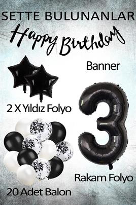 Siyah Konsept 3 Yaş Doğum Günü Kutlama Seti; Beyaz Siyah Konfetili Balon, Rakam Yıldız Folyo ve Banner