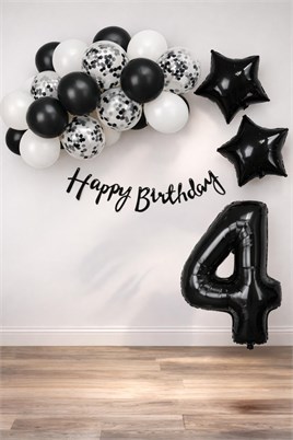 Siyah Konsept 4 Yaş Doğum Günü Kutlama Seti; Beyaz Siyah Konfetili Balon, Rakam Yıldız Folyo ve Banner