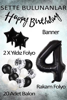 Siyah Konsept 4 Yaş Doğum Günü Kutlama Seti; Beyaz Siyah Konfetili Balon, Rakam Yıldız Folyo ve Banner