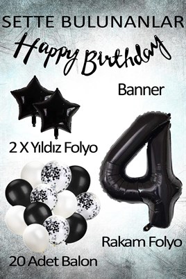 Siyah Konsept 4 Yaş Doğum Günü Kutlama Seti; Beyaz Siyah Konfetili Balon, Rakam Yıldız Folyo ve Banner