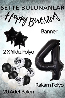 Siyah Konsept 4 Yaş Doğum Günü Kutlama Seti; Beyaz Siyah Konfetili Balon, Rakam Yıldız Folyo ve Banner