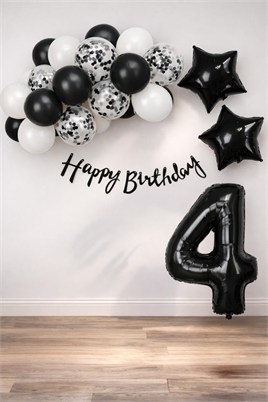 Siyah Konsept 4 Yaş Doğum Günü Kutlama Seti; Beyaz Siyah Konfetili Balon, Rakam Yıldız Folyo ve Banner