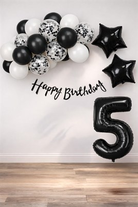 Siyah Konsept 5 Yaş Doğum Günü Kutlama Seti; Beyaz Siyah Konfetili Balon, Rakam Yıldız Folyo ve Banner