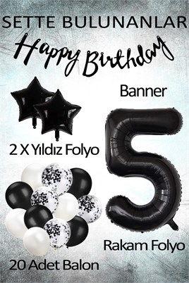 Siyah Konsept 5 Yaş Doğum Günü Kutlama Seti; Beyaz Siyah Konfetili Balon, Rakam Yıldız Folyo ve Banner