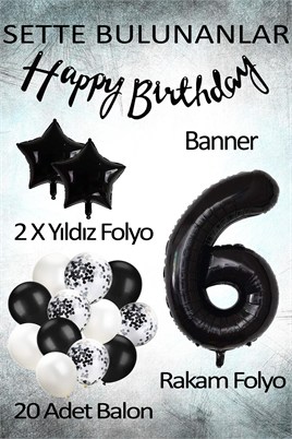 Siyah Konsept 6 Yaş Doğum Günü Kutlama Seti; Beyaz Siyah Konfetili Balon, Rakam Yıldız Folyo ve Banner