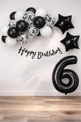 Siyah Konsept 6 Yaş Doğum Günü Kutlama Seti; Beyaz Siyah Konfetili Balon, Rakam Yıldız Folyo ve Banner