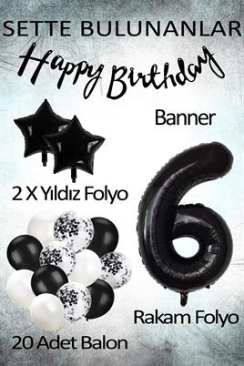 Siyah Konsept 6 Yaş Doğum Günü Kutlama Seti; Beyaz Siyah Konfetili Balon, Rakam Yıldız Folyo ve Banner