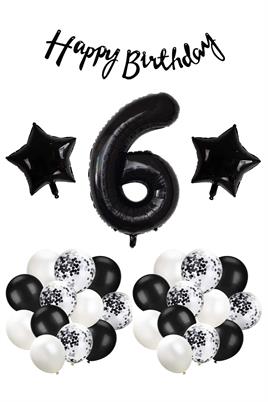 Siyah Konsept 6 Yaş Doğum Günü Kutlama Seti; Beyaz Siyah Konfetili Balon, Rakam Yıldız Folyo ve Banner