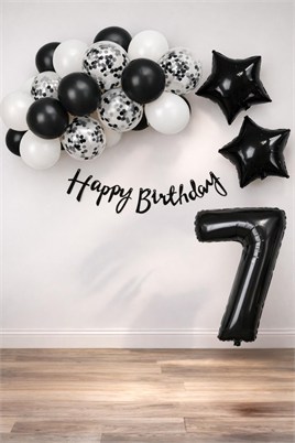 Siyah Konsept 7 Yaş Doğum Günü Kutlama Seti; Beyaz Siyah Konfetili Balon, Rakam Yıldız Folyo ve Banner