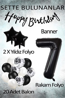 Siyah Konsept 7 Yaş Doğum Günü Kutlama Seti; Beyaz Siyah Konfetili Balon, Rakam Yıldız Folyo ve Banner