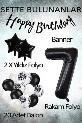Siyah Konsept 7 Yaş Doğum Günü Kutlama Seti; Beyaz Siyah Konfetili Balon, Rakam Yıldız Folyo ve Banner