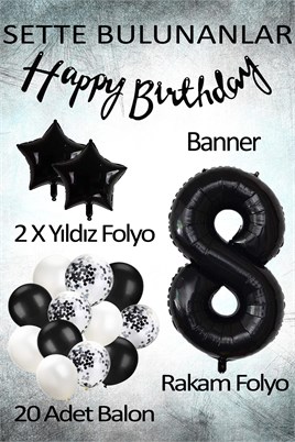 Siyah Konsept 8 Yaş Doğum Günü Kutlama Seti; Beyaz Siyah Konfetili Balon, Rakam Yıldız Folyo ve Banner
