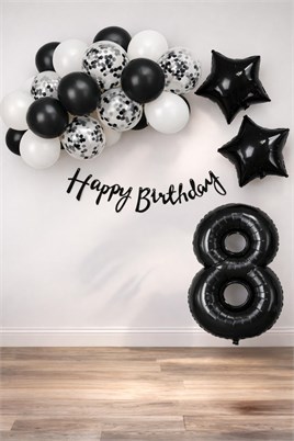 Siyah Konsept 8 Yaş Doğum Günü Kutlama Seti; Beyaz Siyah Konfetili Balon, Rakam Yıldız Folyo ve Banner