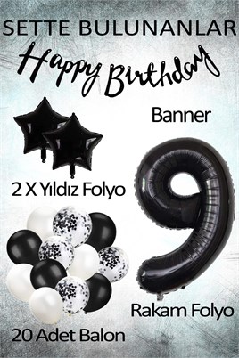 Siyah Konsept 9 Yaş Doğum Günü Kutlama Seti; Beyaz Siyah Konfetili Balon, Rakam Yıldız Folyo ve Banner