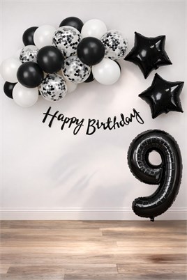 Siyah Konsept 9 Yaş Doğum Günü Kutlama Seti; Beyaz Siyah Konfetili Balon, Rakam Yıldız Folyo ve Banner