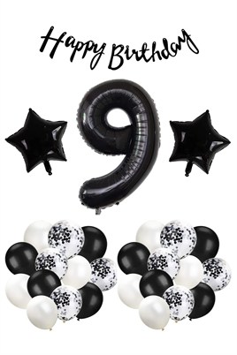 Siyah Konsept 9 Yaş Doğum Günü Kutlama Seti; Beyaz Siyah Konfetili Balon, Rakam Yıldız Folyo ve Banner