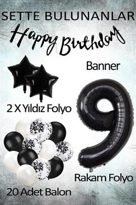Siyah Konsept 9 Yaş Doğum Günü Kutlama Seti; Beyaz Siyah Konfetili Balon, Rakam Yıldız Folyo ve Banner