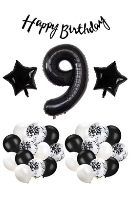 Siyah Konsept 9 Yaş Doğum Günü Kutlama Seti; Beyaz Siyah Konfetili Balon, Rakam Yıldız Folyo ve Banner