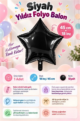 Siyah Yıldız Folyo Balon 45 cm - Bebek Çocuk Parti Kutlama