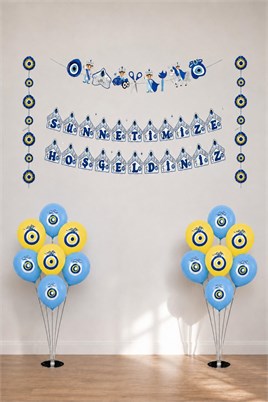 Sünnet Kutlama Seti 3Lü Banner, 20 Adet Sarı- Mavi Nazar Boncuğu Baskılı Balon ve 2 Adet Balon Standı
