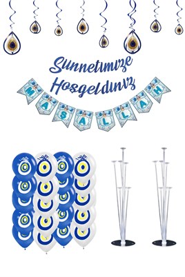 Sünnetimize Hoşgeldiniz  Banner, Maşallah Banner, Nazar Boncuğu Tavan Süs ve  2 Balon Standı Ve 20 Adet Mavi-Beyaz Balon
