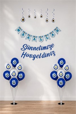 Sünnetimize Hoşgeldiniz  Banner, Maşallah Banner, Nazar Boncuğu Tavan Süs ve  2 Balon Standı Ve 20 Adet Mavi-Beyaz Balon