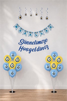 Sünnetimize Hoşgeldiniz ve Maşallah Banner, Tavan Süs ve  2 Balon Standı Ve 20 Sarı Mavi  Balon