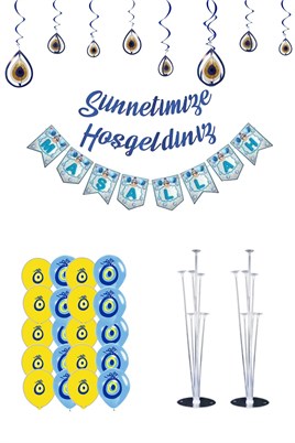 Sünnetimize Hoşgeldiniz ve Maşallah Banner, Tavan Süs ve  2 Balon Standı Ve 20 Sarı Mavi  Balon