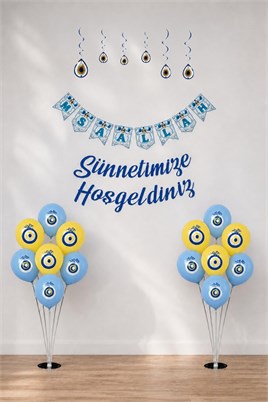 Sünnetimize Hoşgeldiniz ve Maşallah Banner, Tavan Süs ve  2 Balon Standı Ve 20 Sarı Mavi  Balon