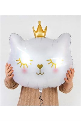 Taçlı Beyaz Kedi Folyo Balon 1 Adet 76x 64.5 Cm