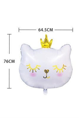 Taçlı Beyaz Kedi Folyo Balon 1 Adet 76x 64.5 Cm