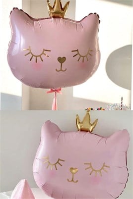Taçlı Pembe Kedi Folyo Balon 1 Adet 76x 64.5 Cm