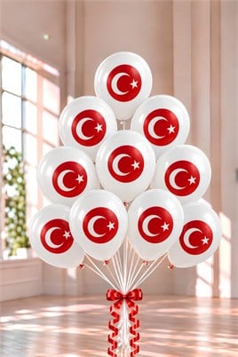 Türk Bayrağı Baskılı Beyaz Lateks Balon 10'lu Set – 12 İnç Milli Bayram Parti Balonu
