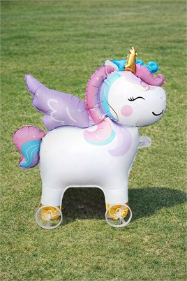 Unicorn Temalı Folyo Yürüyen Balon – Tekerlekli Sevimli Unicorn Balon 54x48,5 cm