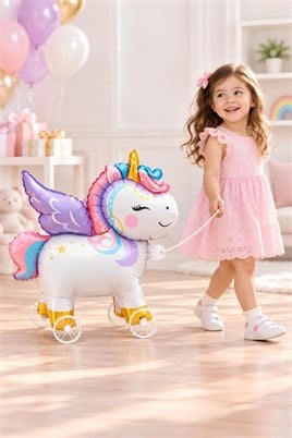 Unicorn Temalı Folyo Yürüyen Balon – Tekerlekli Sevimli Unicorn Balon 54x48,5 cm