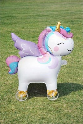Unicorn Temalı Folyo Yürüyen Balon – Tekerlekli Sevimli Unicorn Balon 54x48,5 cm