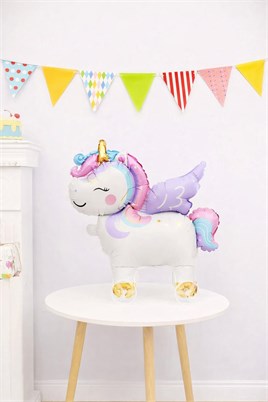 Unicorn Temalı Folyo Yürüyen Balon – Tekerlekli Sevimli Unicorn Balon 54x48,5 cm