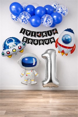 Uzay Konsepti 1 Yaş Doğum Günü Parti Kutlama Seti;  Astronot, Ufo Ve Uzay Gemisi Folyo Balon Set