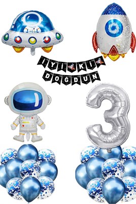 Uzay Konsepti 3 Yaş Doğum Günü Parti Kutlama Seti;  Astronot, Ufo Ve Uzay Gemisi Folyo Balon Set