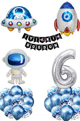 Uzay Konsepti 6 Yaş Doğum Günü Parti Kutlama Seti;  Astronot, Ufo Ve Uzay Gemisi Folyo Balon Set