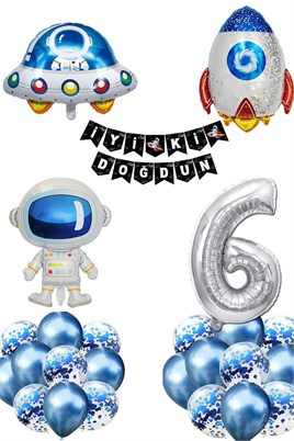 Uzay Konsepti 6 Yaş Doğum Günü Parti Kutlama Seti;  Astronot, Ufo Ve Uzay Gemisi Folyo Balon Set
