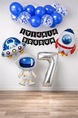 Uzay Konsepti 7 Yaş Doğum Günü Parti Kutlama Seti;  Astronot, Ufo Ve Uzay Gemisi Folyo Balon Set
